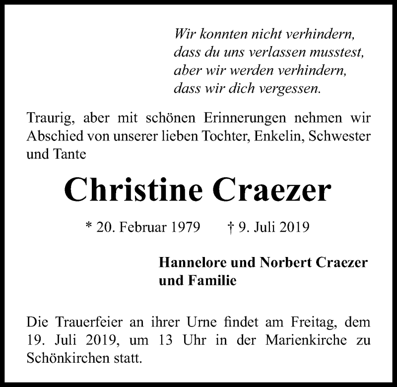  Traueranzeige für Christine Craezer vom 13.07.2019 aus Kieler Nachrichten