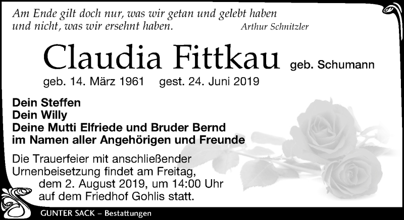  Traueranzeige für Claudia Fittkau vom 20.07.2019 aus Leipziger Volkszeitung
