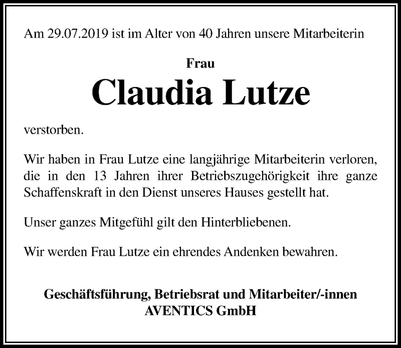  Traueranzeige für Claudia Lutze vom 31.07.2019 aus Hannoversche Allgemeine Zeitung/Neue Presse