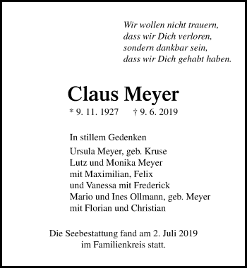 Traueranzeige von Claus Meyer von Lübecker Nachrichten