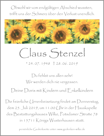 Traueranzeige von Claus Stenzel von Märkischen Allgemeine Zeitung