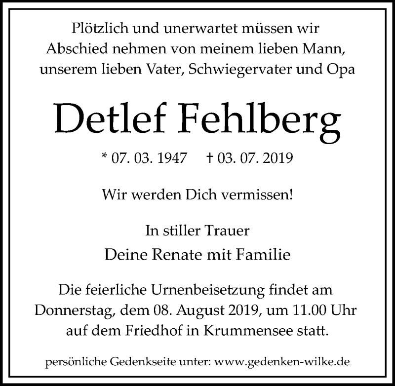  Traueranzeige für Detlef Fehlberg vom 13.07.2019 aus Märkischen Allgemeine Zeitung