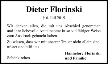 Traueranzeige von Dieter Florinski von Kieler Nachrichten
