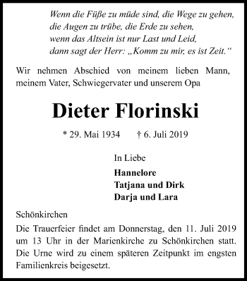 Traueranzeige von Dieter Florinski von Kieler Nachrichten