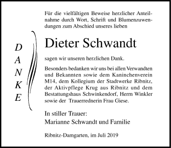 Traueranzeige von Dieter Schwandt von Ostsee-Zeitung GmbH