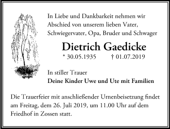 Traueranzeige von Dietrich Gaedicke von Märkischen Allgemeine Zeitung