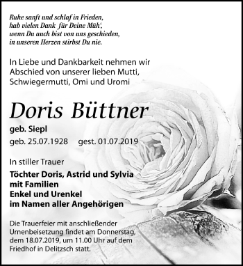 Traueranzeige von Doris Büttner von Leipziger Volkszeitung