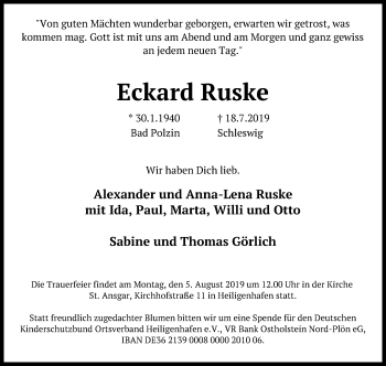 Traueranzeige von Eckard Ruske von Lübecker Nachrichten
