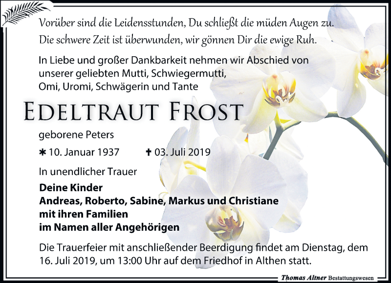  Traueranzeige für Edeltraut Frost vom 06.07.2019 aus Leipziger Volkszeitung