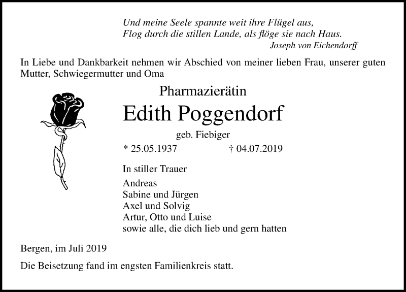  Traueranzeige für Edith Poggendorf vom 13.07.2019 aus Ostsee-Zeitung GmbH