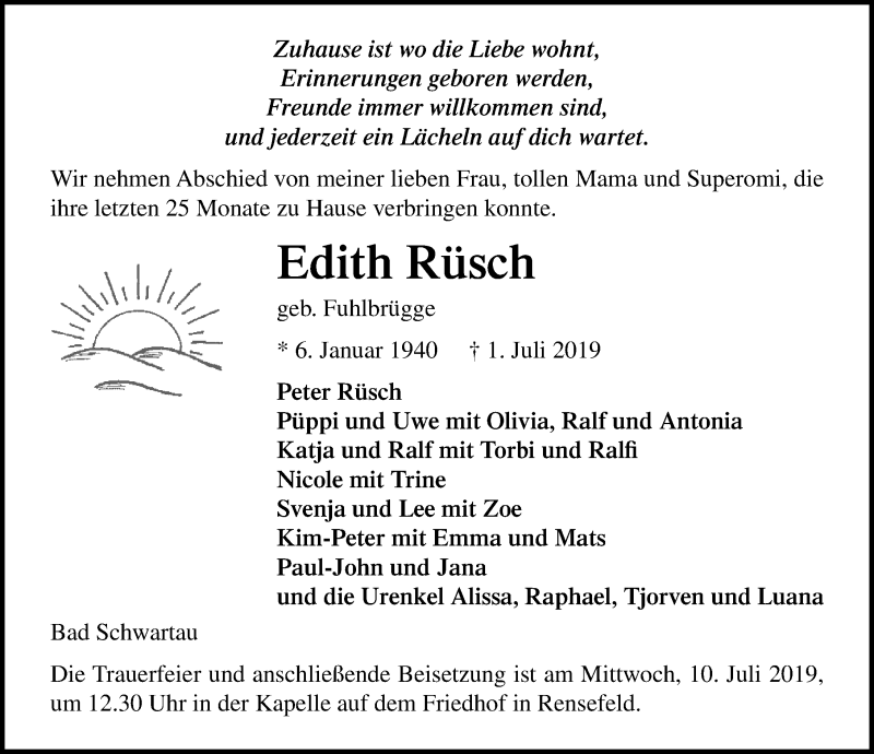  Traueranzeige für Edith Rüsch vom 07.07.2019 aus Lübecker Nachrichten