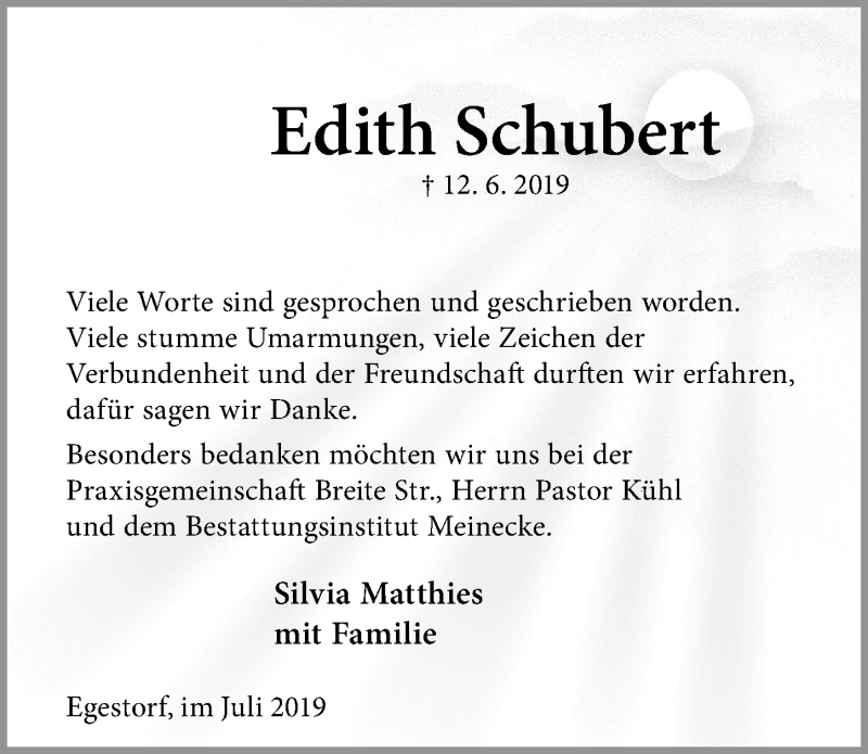  Traueranzeige für Edith Schubert vom 13.07.2019 aus Hannoversche Allgemeine Zeitung/Neue Presse