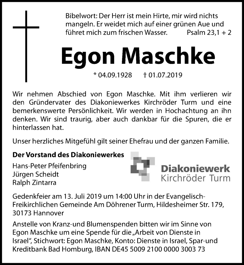  Traueranzeige für Egon Maschke vom 11.07.2019 aus Hannoversche Allgemeine Zeitung/Neue Presse