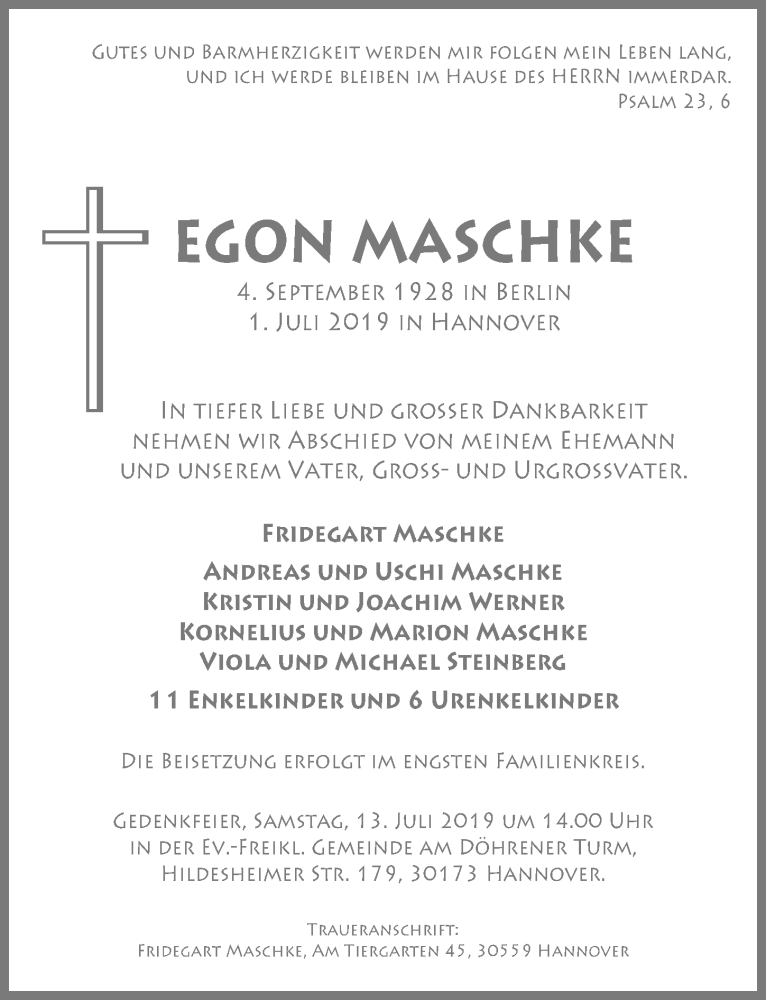  Traueranzeige für Egon Maschke vom 11.07.2019 aus Hannoversche Allgemeine Zeitung/Neue Presse