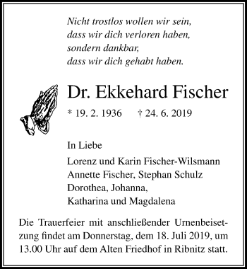 Traueranzeige von Ekkehard Fischer von Ostsee-Zeitung GmbH