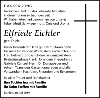 Traueranzeige von Elfriede Eichler von Leipziger Volkszeitung