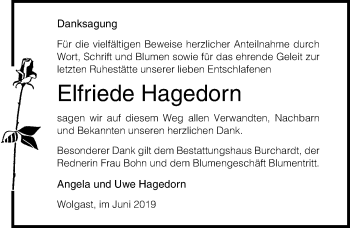 Traueranzeige von Elfriede Hagedorn von Ostsee-Zeitung GmbH