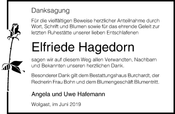 Traueranzeige von Elfriede Hagedorn von Ostsee-Zeitung GmbH