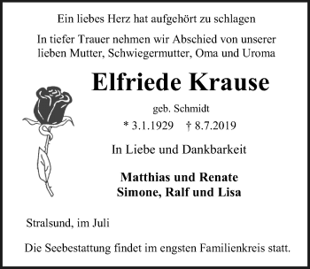 Traueranzeige von Elfriede Krause von Ostsee-Zeitung GmbH