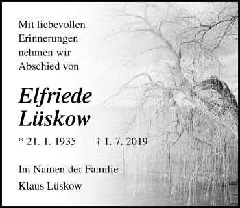 Traueranzeige von Elfriede Lüskow von Ostsee-Zeitung GmbH