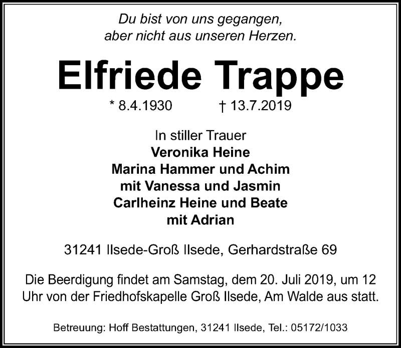  Traueranzeige für Elfriede Trappe vom 17.07.2019 aus Aller Zeitung