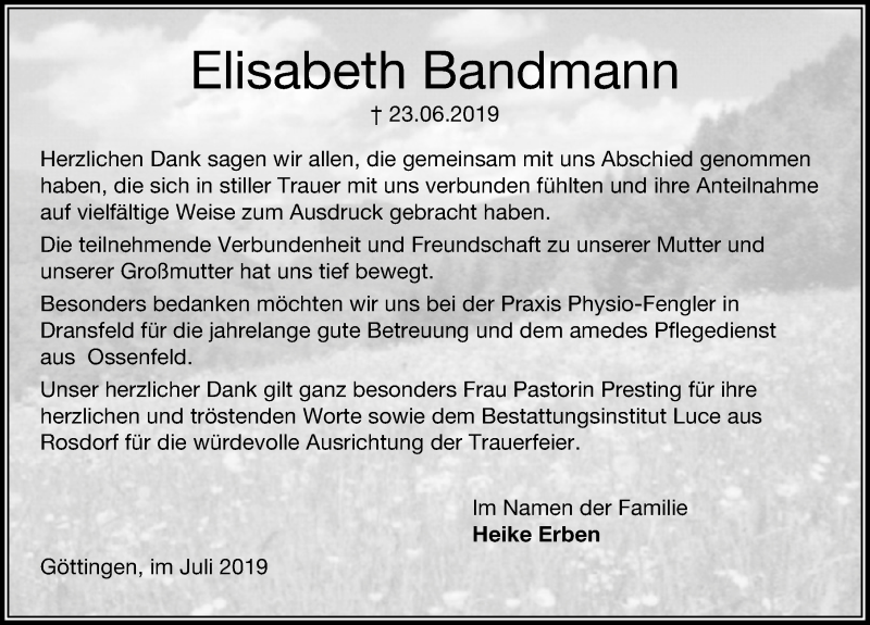  Traueranzeige für Elisabeth Bandmann vom 20.07.2019 aus Göttinger Tageblatt