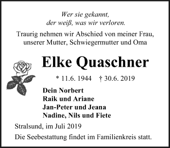 Traueranzeige von Elke Quaschner von Ostsee-Zeitung GmbH