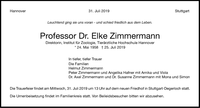  Traueranzeige für Elke Zimmermann vom 31.07.2019 aus Hannoversche Allgemeine Zeitung/Neue Presse