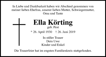 Traueranzeige von Ella Körting von Lübecker Nachrichten