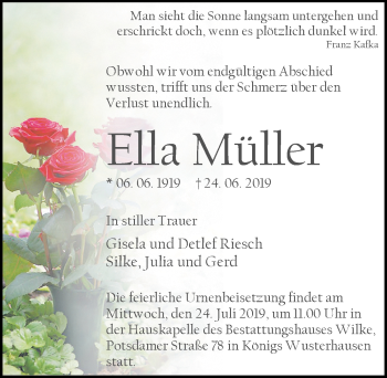 Traueranzeige von Ella Müller von Märkischen Allgemeine Zeitung