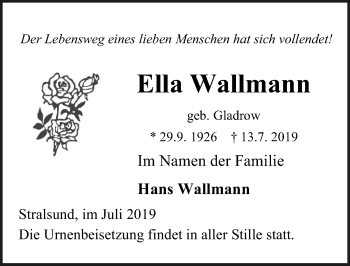 Traueranzeige von Ella Wallmann von Ostsee-Zeitung GmbH