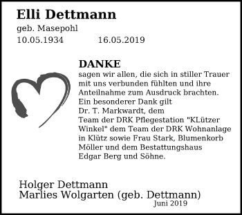 Traueranzeige von Elli Dettmann von Ostsee-Zeitung GmbH