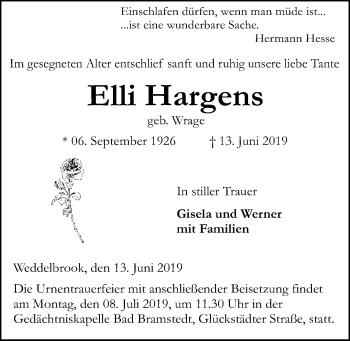 Traueranzeige von Elli Hargens von Kieler Nachrichten