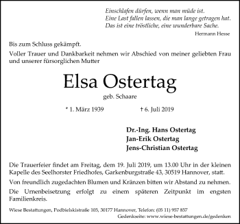 Traueranzeige von Elsa Ostertag von Hannoversche Allgemeine Zeitung/Neue Presse