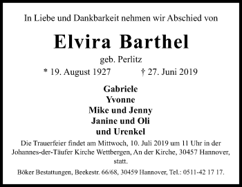 Traueranzeige von Elvira Barthel von Hannoversche Allgemeine Zeitung/Neue Presse