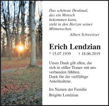 Traueranzeige von Erich Lendzian von Ostsee-Zeitung GmbH