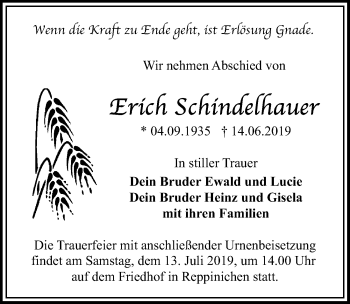 Traueranzeige von Erich Schindelhauer von Märkischen Allgemeine Zeitung