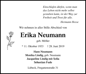 Traueranzeige von Erika Neumann von Lübecker Nachrichten