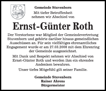 Traueranzeige von Ernst-Günter Roth von Kieler Nachrichten