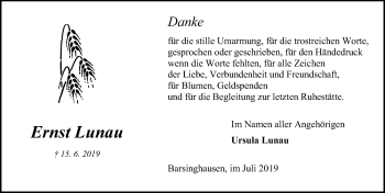 Traueranzeige von Ernst Lunau von Hannoversche Allgemeine Zeitung/Neue Presse