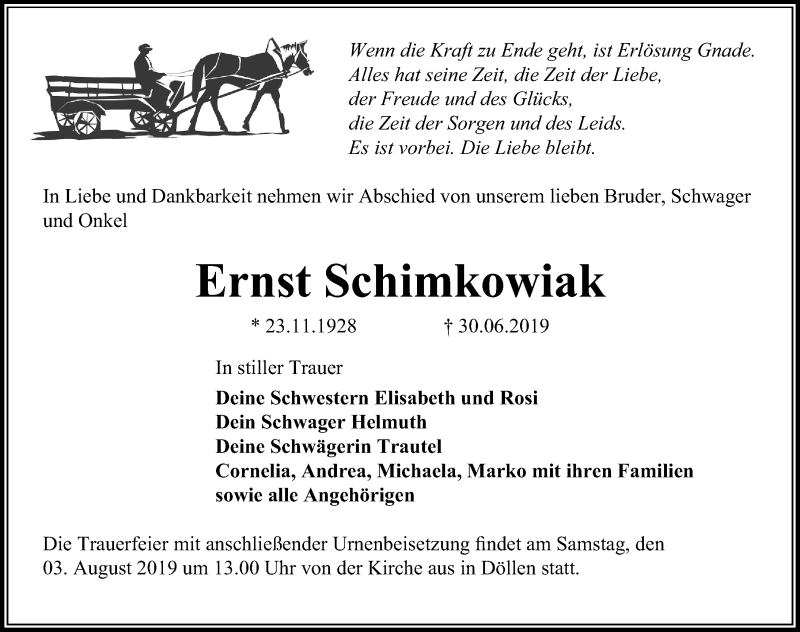  Traueranzeige für Ernst Schimkowiak vom 13.07.2019 aus Märkischen Allgemeine Zeitung