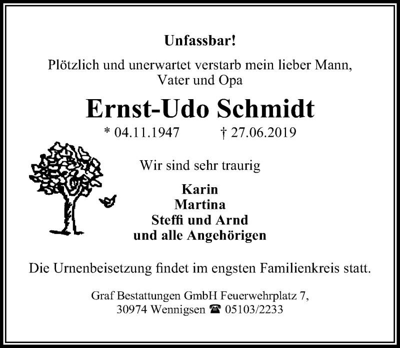  Traueranzeige für Ernst-Udo Schmidt vom 06.07.2019 aus Hannoversche Allgemeine Zeitung/Neue Presse