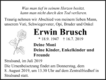 Traueranzeige von Erwin Brusch von Ostsee-Zeitung GmbH