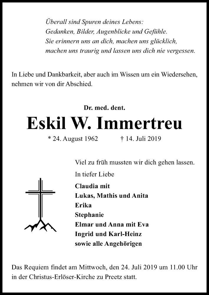  Traueranzeige für Eskil Immertreu vom 20.07.2019 aus Kieler Nachrichten