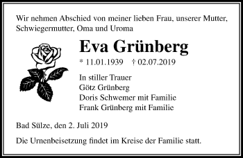 Traueranzeige von Eva Grünberg von Ostsee-Zeitung GmbH