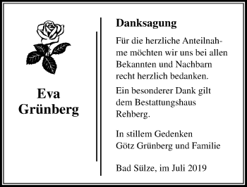 Traueranzeige von Eva Grünberg von Ostsee-Zeitung GmbH