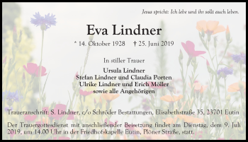 Traueranzeige von Eva Lindner von Lübecker Nachrichten