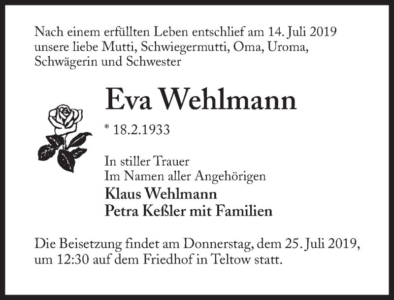  Traueranzeige für Eva Wehlmann vom 20.07.2019 aus Märkischen Allgemeine Zeitung