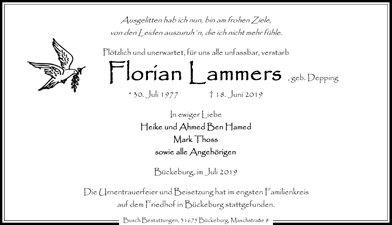  Traueranzeige für Florian Lammers vom 06.07.2019 aus Schaumburger Nachrichten