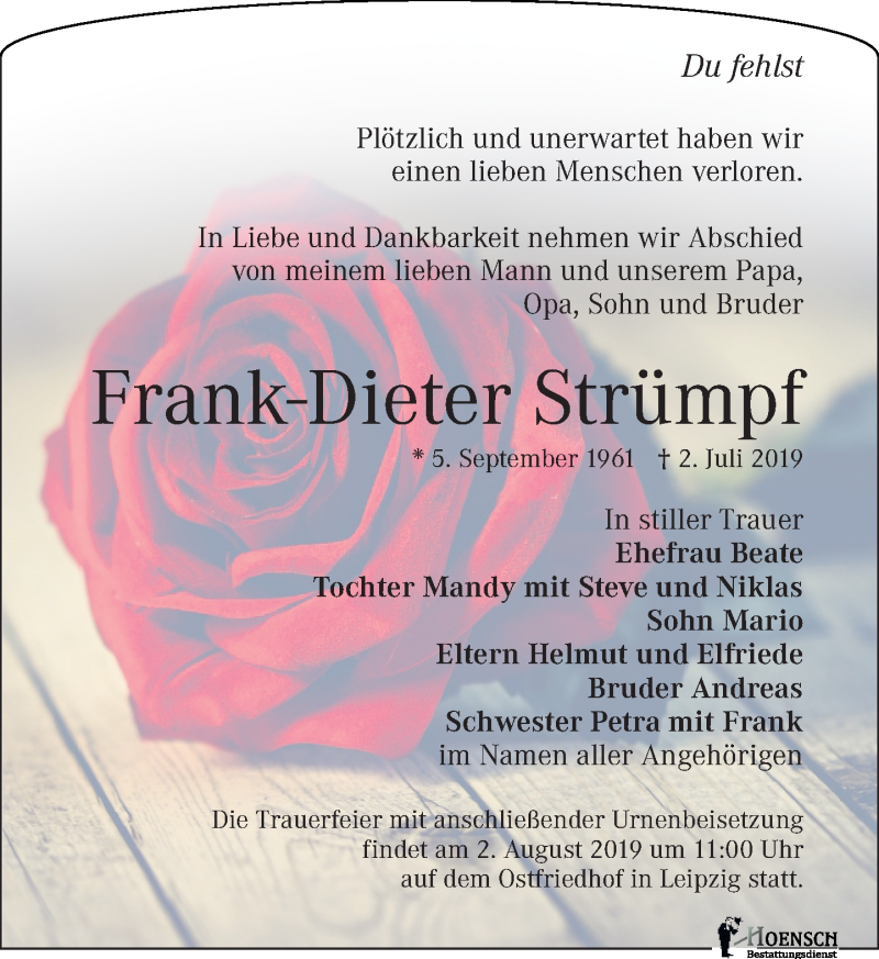  Traueranzeige für Frank-Dieter Strümpf vom 13.07.2019 aus Leipziger Volkszeitung